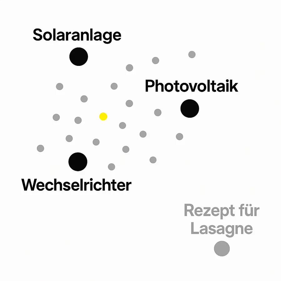 Darstellung eines semantischen Vektorraums mit Begriffen aus dem Bereich Photovoltaik („Solaranlage“, „Wechselrichter“, „Photovoltaik“) in räumlicher Nähe zueinander. Der Begriff „Rezept für Lasagne“ ist deutlich entfernt platziert.